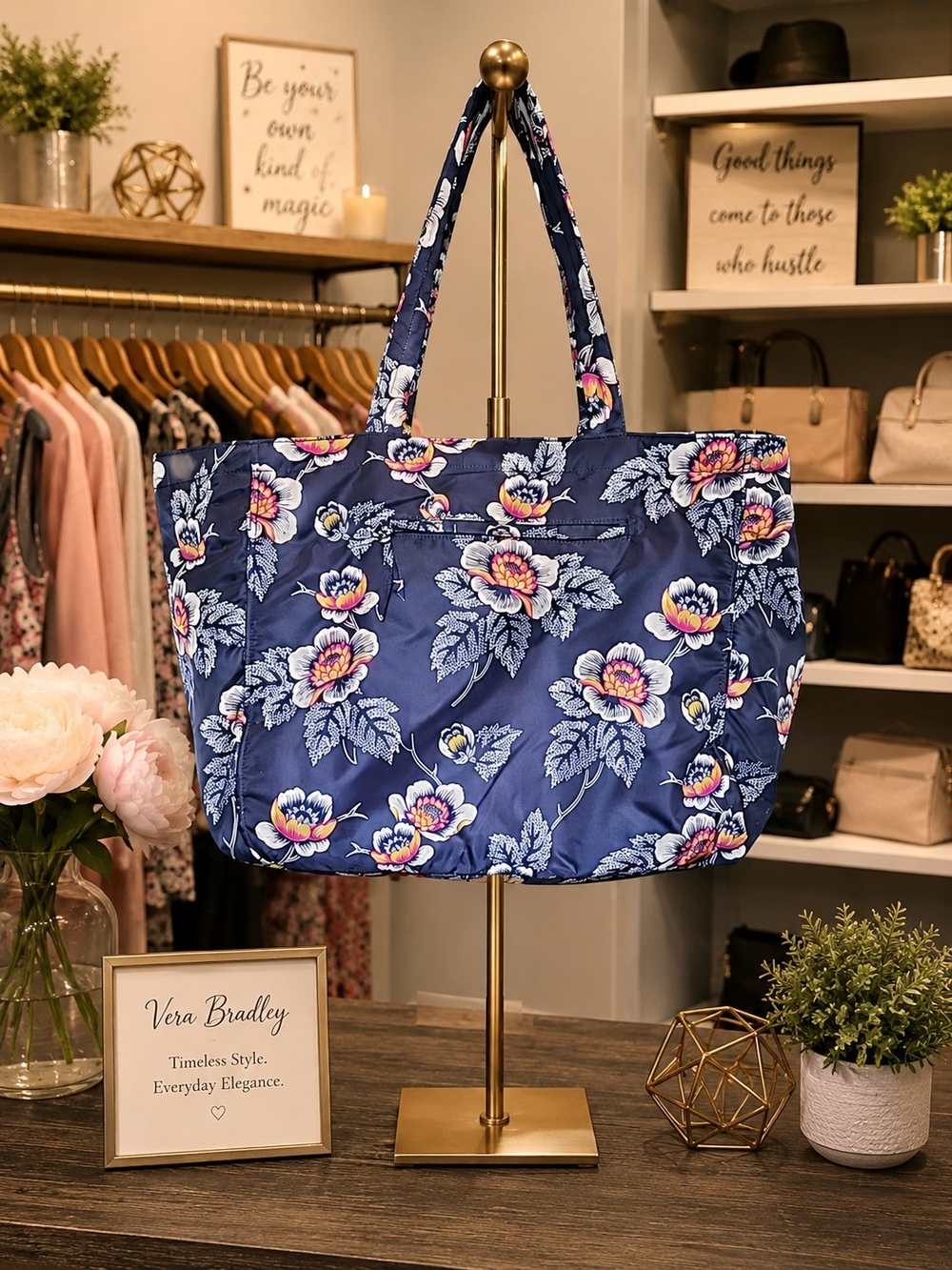Vera Bradley Knollton Travel Tote Navy Floral Lightweight Weekender Carryall NWT